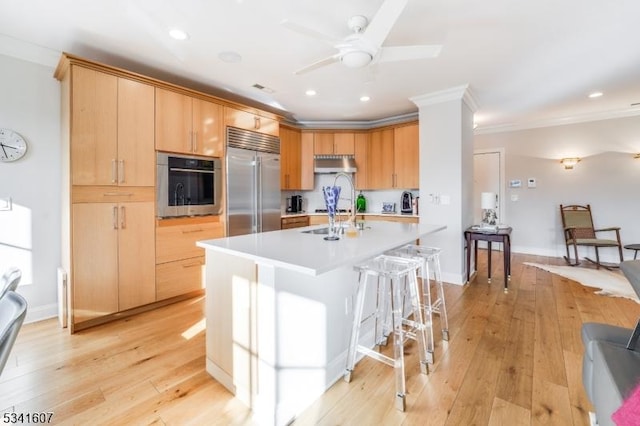 kitchen with under cabinet range hood, appliances with stainless steel finishes, light countertops, and light wood finished floors