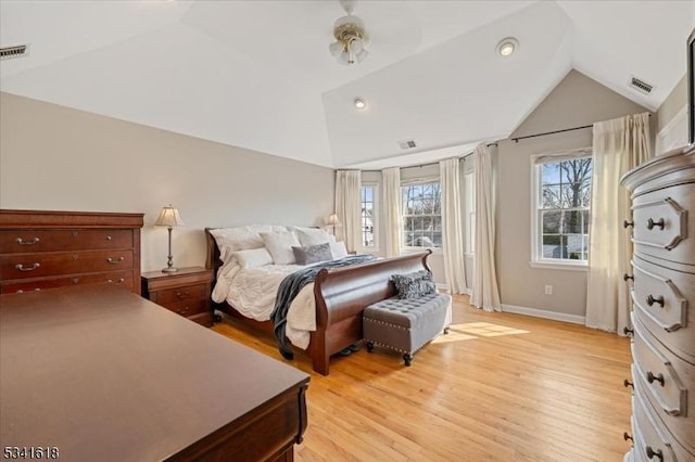 bedroom featuring lofted ceiling, recessed lighting, visible vents, baseboards, and light wood-type flooring