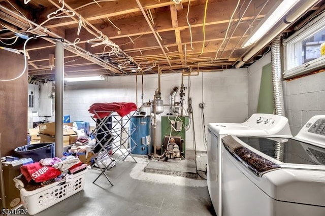 below grade area featuring washing machine and dryer, water heater, and a heating unit