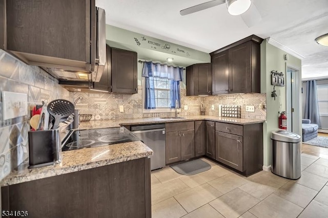 kitchen featuring light tile patterned flooring, a sink, dark brown cabinets, dishwasher, and tasteful backsplash