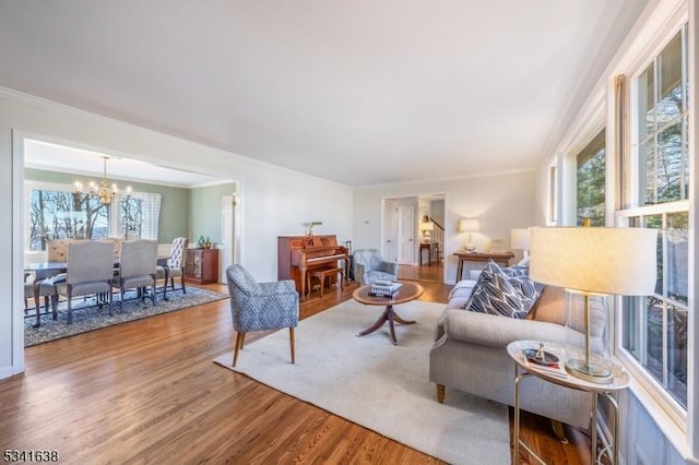 living area with an inviting chandelier, ornamental molding, and wood finished floors