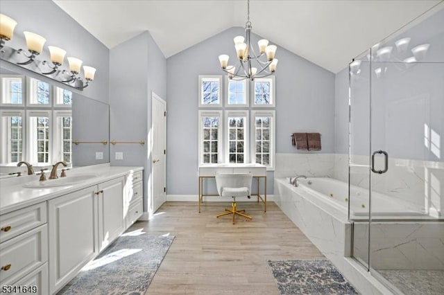 bathroom with an inviting chandelier, a shower stall, vanity, wood finished floors, and plenty of natural light