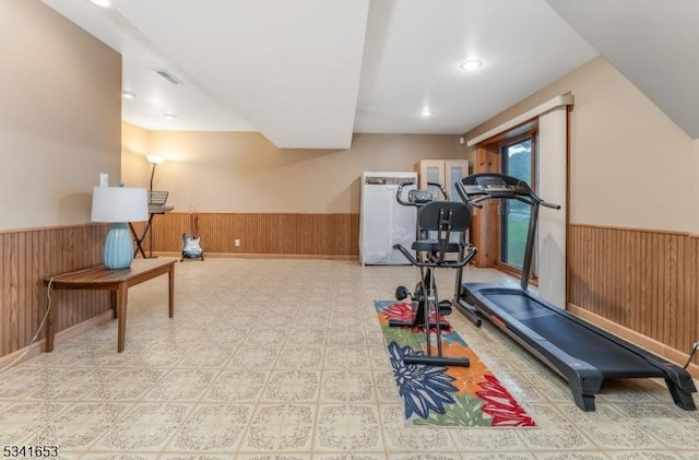 13 Cedar Ct, Raritan Twp, NJ 08822 - exercise room with a wainscoted wall and wooden walls