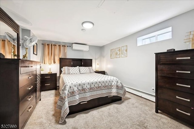 carpeted bedroom with a wall mounted air conditioner and baseboard heating