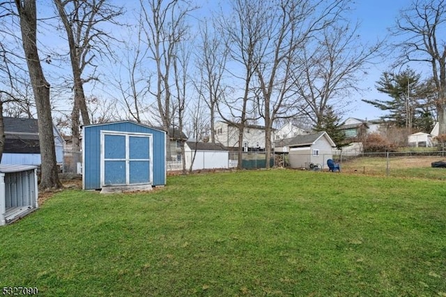 view of yard featuring a storage shed, an outbuilding, and a fenced backyard