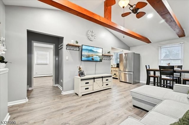 living room featuring light wood-type flooring, beam ceiling, baseboards, and baseboard heating