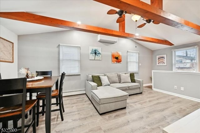 living room featuring lofted ceiling with beams, a baseboard heating unit, wood finished floors, and a wall mounted AC