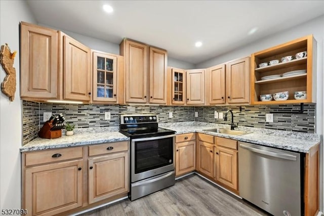 kitchen with light wood finished floors, light brown cabinetry, appliances with stainless steel finishes, and a sink