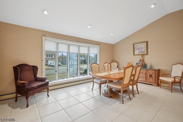 dining room with light tile patterned floors, a baseboard radiator, vaulted ceiling, and recessed lighting