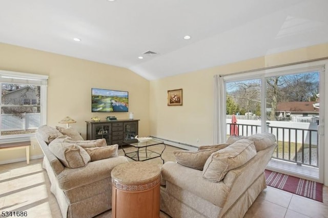 living room featuring lofted ceiling, visible vents, a baseboard heating unit, and recessed lighting