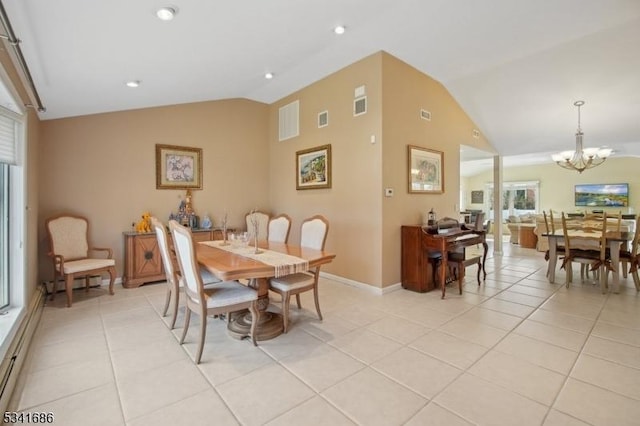 dining area with lofted ceiling, light tile patterned floors, a chandelier, and visible vents