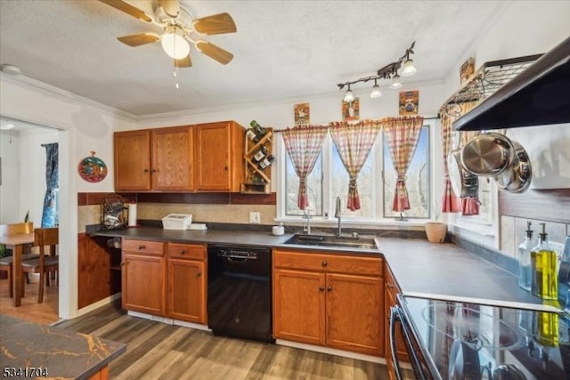 kitchen with brown cabinets, a textured ceiling, light wood-type flooring, black appliances, and a sink