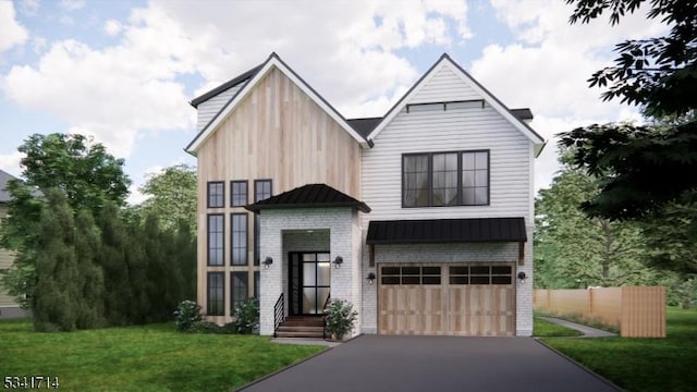 view of front of property with aphalt driveway, a standing seam roof, brick siding, and an attached garage