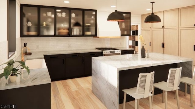 kitchen featuring light stone counters, backsplash, a sink, and range with gas stovetop