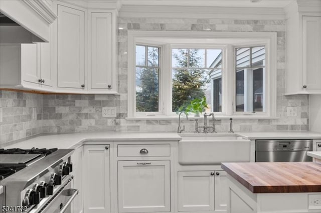 kitchen with stainless steel appliances, a sink, white cabinets, wooden counters, and backsplash