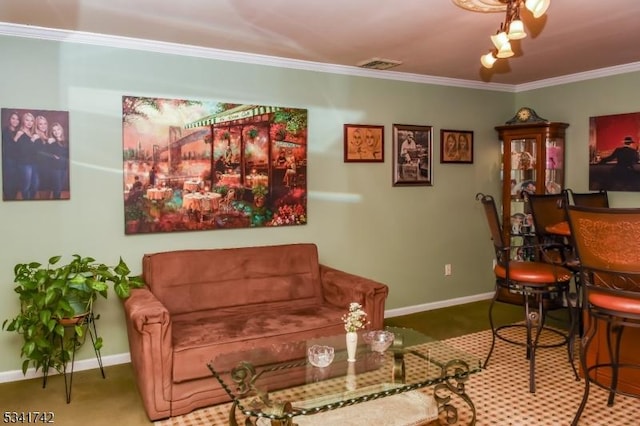 living room with baseboards, visible vents, and crown molding