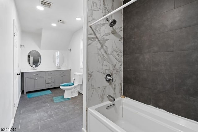 full bathroom featuring vanity, shower / tub combination, toilet, and visible vents