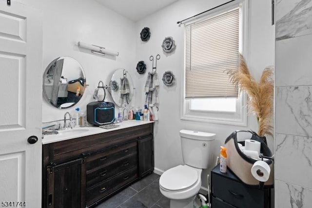 bathroom featuring tile patterned flooring, toilet, and vanity