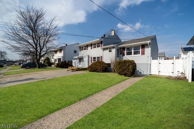 view of front of home featuring a front yard, a gate, fence, and a chimney