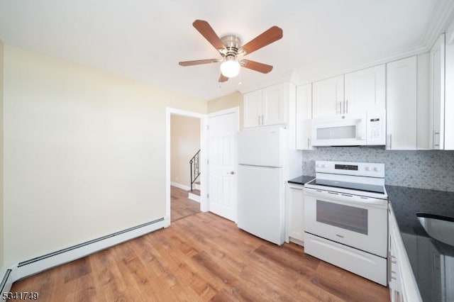 kitchen featuring decorative backsplash, baseboard heating, white cabinetry, light wood-type flooring, and white appliances