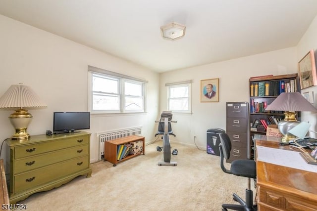 office area with radiator and light colored carpet