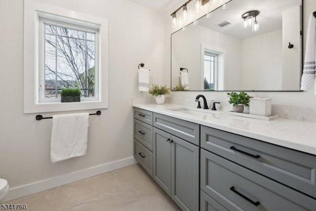 bathroom featuring visible vents, toilet, vanity, and baseboards