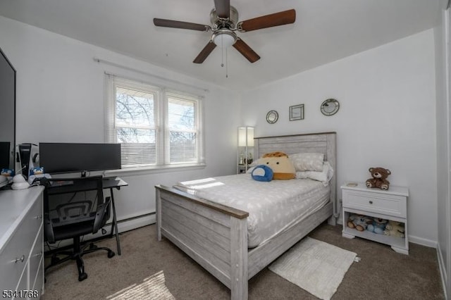 bedroom with ceiling fan and carpet