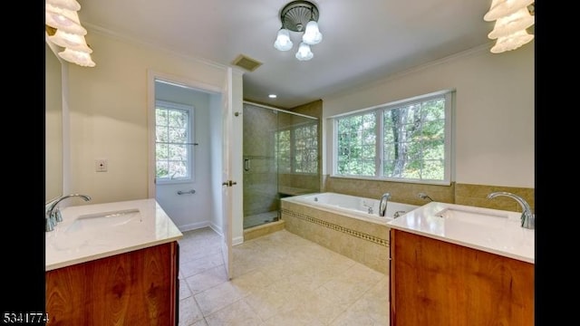 bathroom featuring vanity, visible vents, a stall shower, ornamental molding, and a garden tub