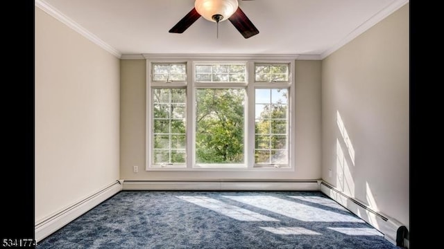 carpeted spare room featuring ceiling fan, a baseboard heating unit, ornamental molding, and a baseboard radiator