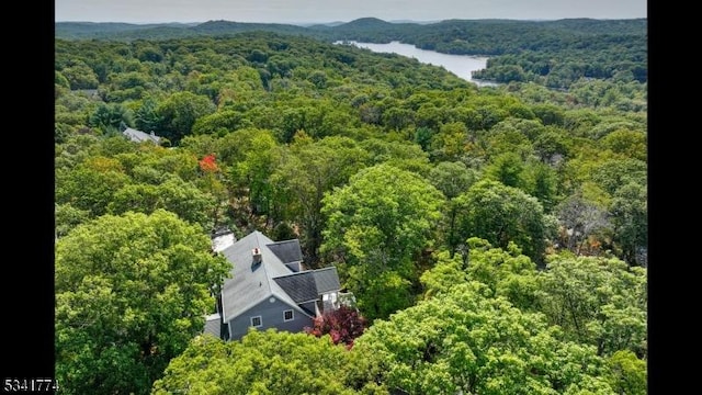 birds eye view of property with a forest view and a water view