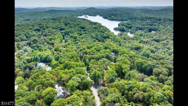 aerial view featuring a view of trees and a water view