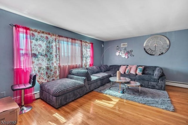 living room with wood finished floors, visible vents, and a baseboard radiator