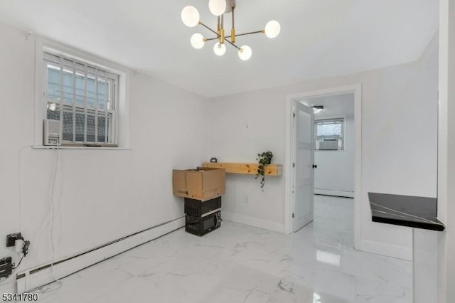 interior space featuring a baseboard heating unit, baseboards, a wealth of natural light, cooling unit, and marble finish floor