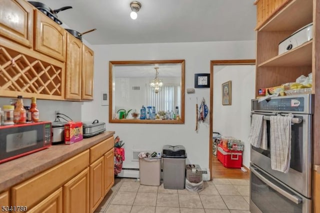 kitchen with a baseboard heating unit, light countertops, light tile patterned floors, stainless steel double oven, and open shelves