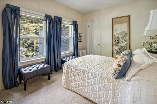 carpeted bedroom featuring radiator heating unit