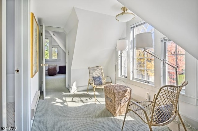 interior space with carpet flooring, vaulted ceiling, and baseboards