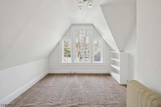 additional living space featuring vaulted ceiling, baseboards, carpet flooring, and radiator