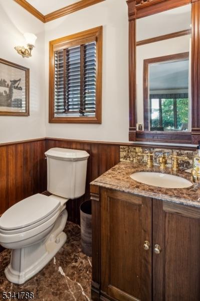 bathroom with wainscoting, wood walls, vanity, and toilet