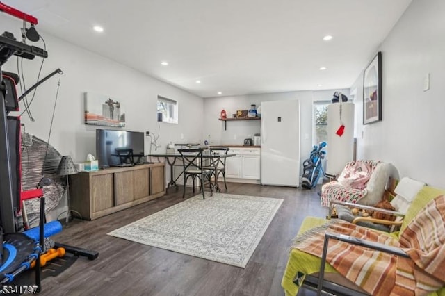 living area with dark wood-type flooring and recessed lighting