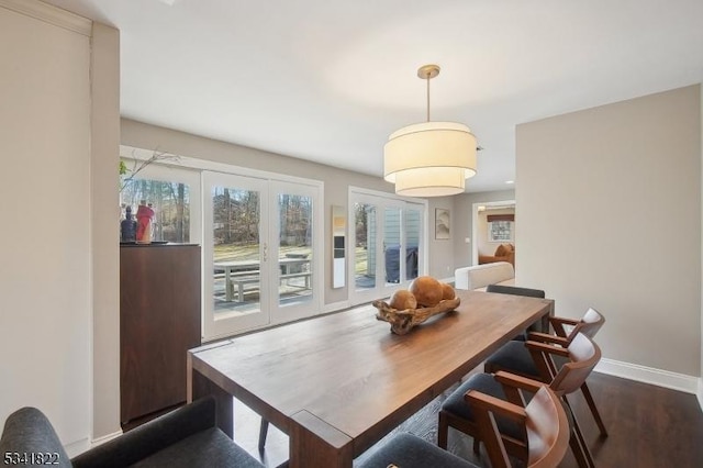 dining area featuring plenty of natural light, baseboards, and dark wood-style flooring