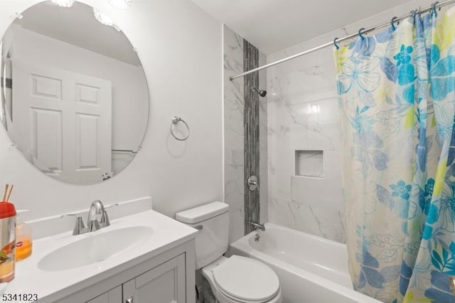 bathroom featuring vanity, toilet, and shower / tub combo with curtain