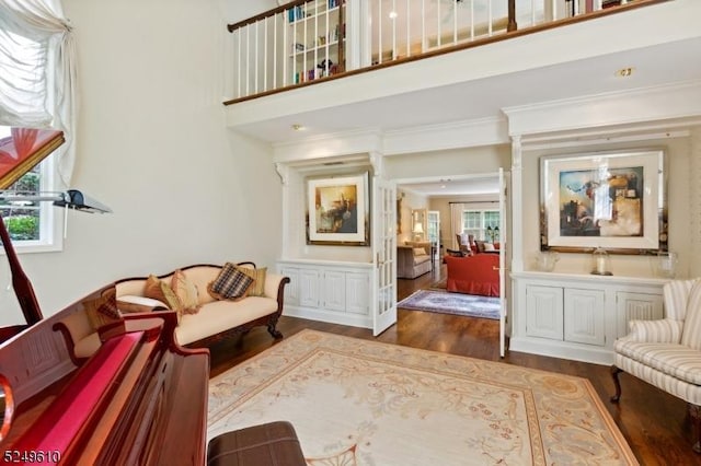 living area featuring a high ceiling and wood finished floors