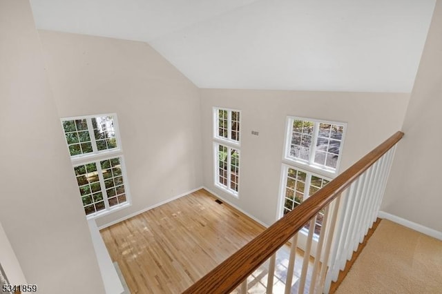 hall featuring lofted ceiling, plenty of natural light, baseboards, and wood finished floors