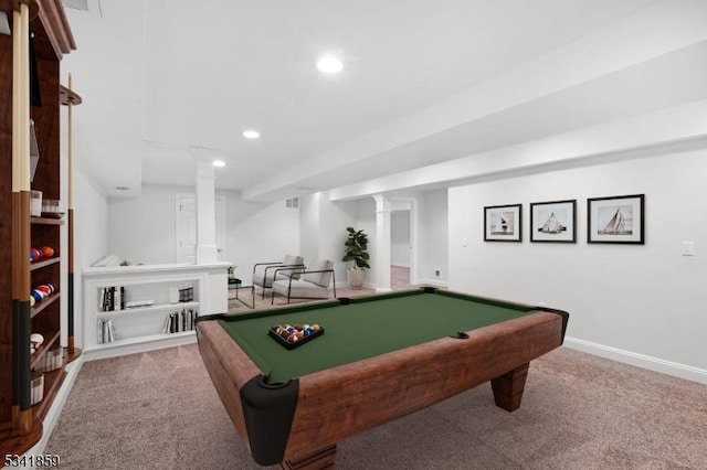 rec room with pool table, carpet, baseboards, and recessed lighting