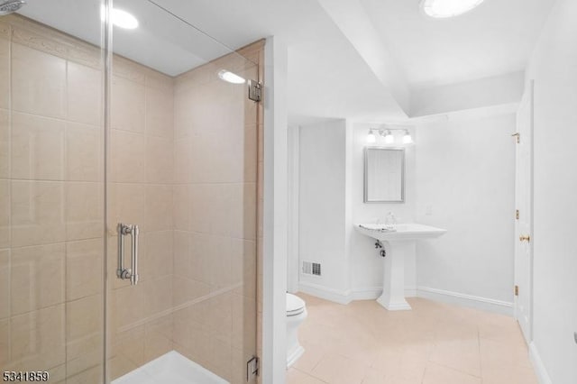 bathroom with a stall shower, tile patterned flooring, and visible vents