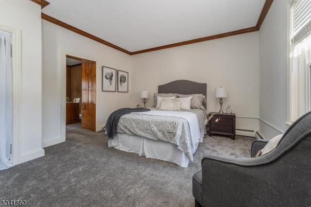 carpeted bedroom featuring baseboards, baseboard heating, and crown molding