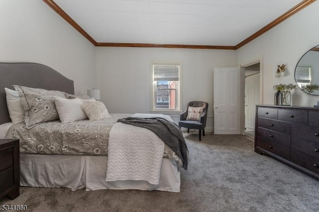 carpeted bedroom featuring ornamental molding