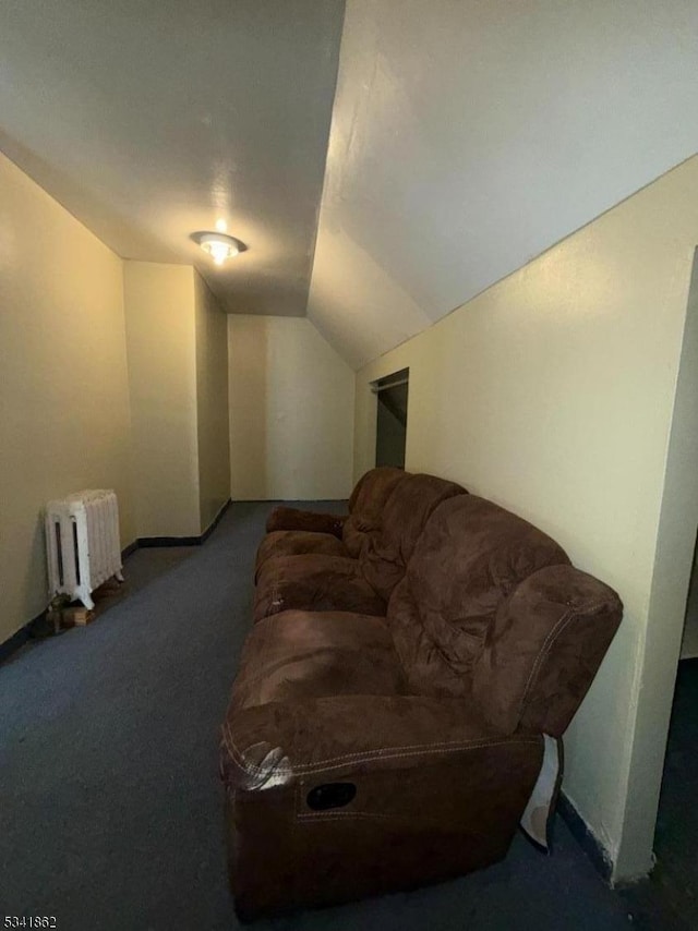 living area featuring lofted ceiling, carpet, and radiator heating unit