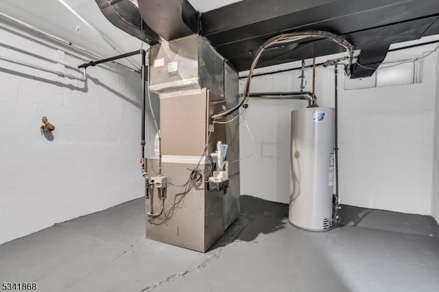 utility room featuring water heater and heating unit