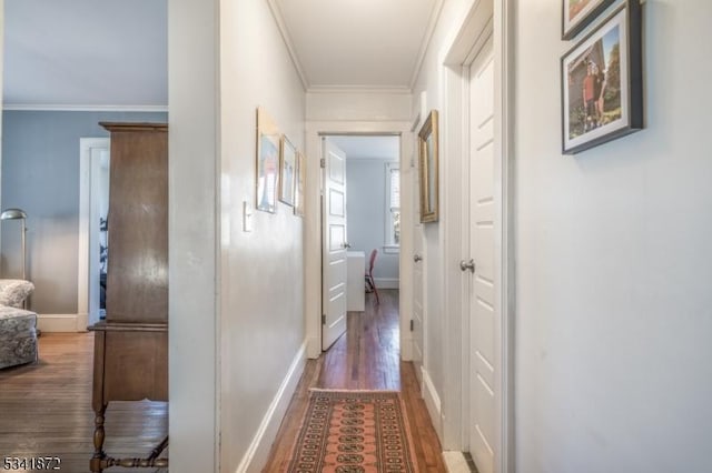 hall featuring crown molding, baseboards, and wood finished floors